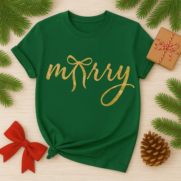 🎄✨ Merry Bow Script Christmas Tee – Holiday Graphic T-Shirt ✨🎄 - Picture 1 of 1